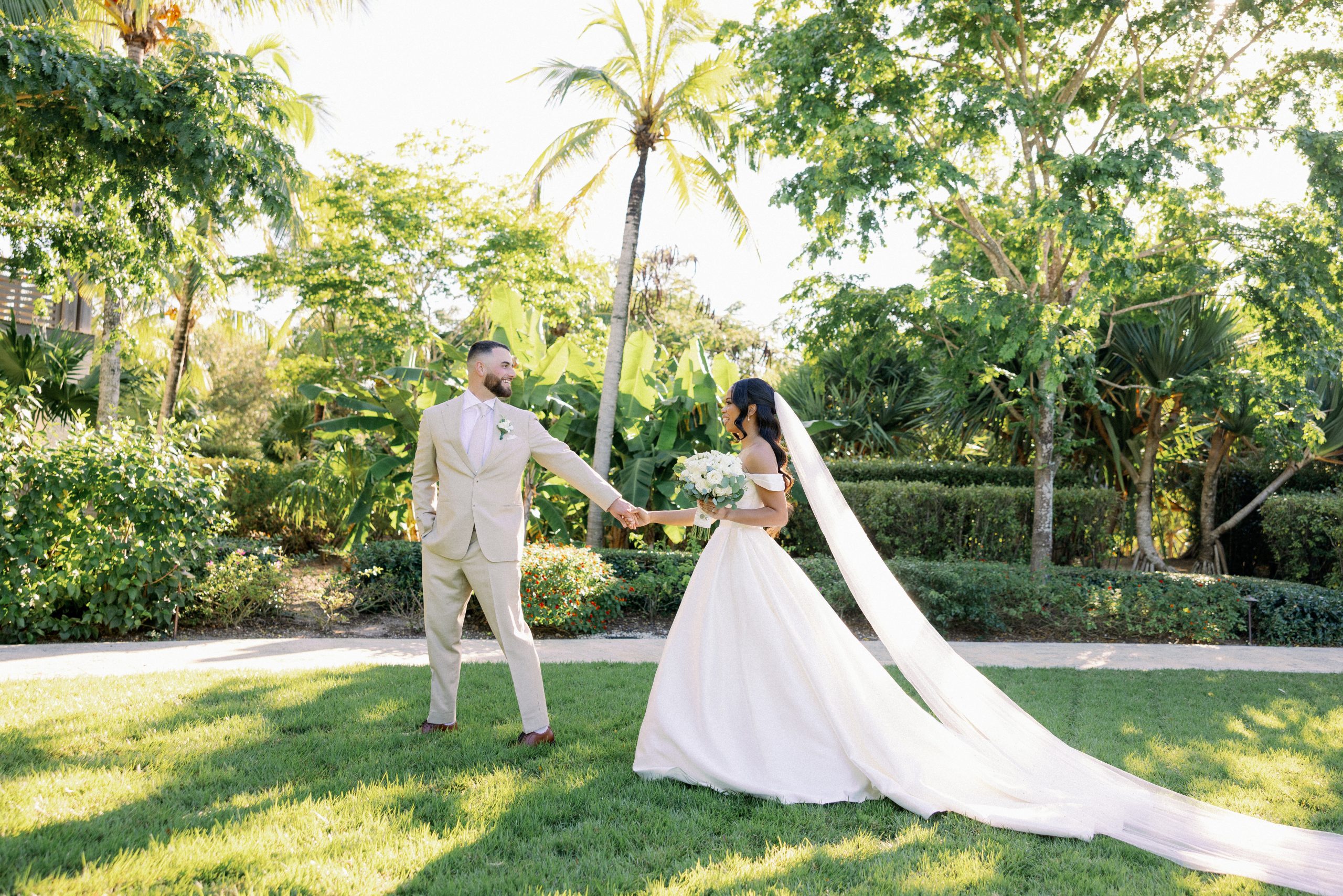 Newlyweds by the sea after their Bahamas ceremony